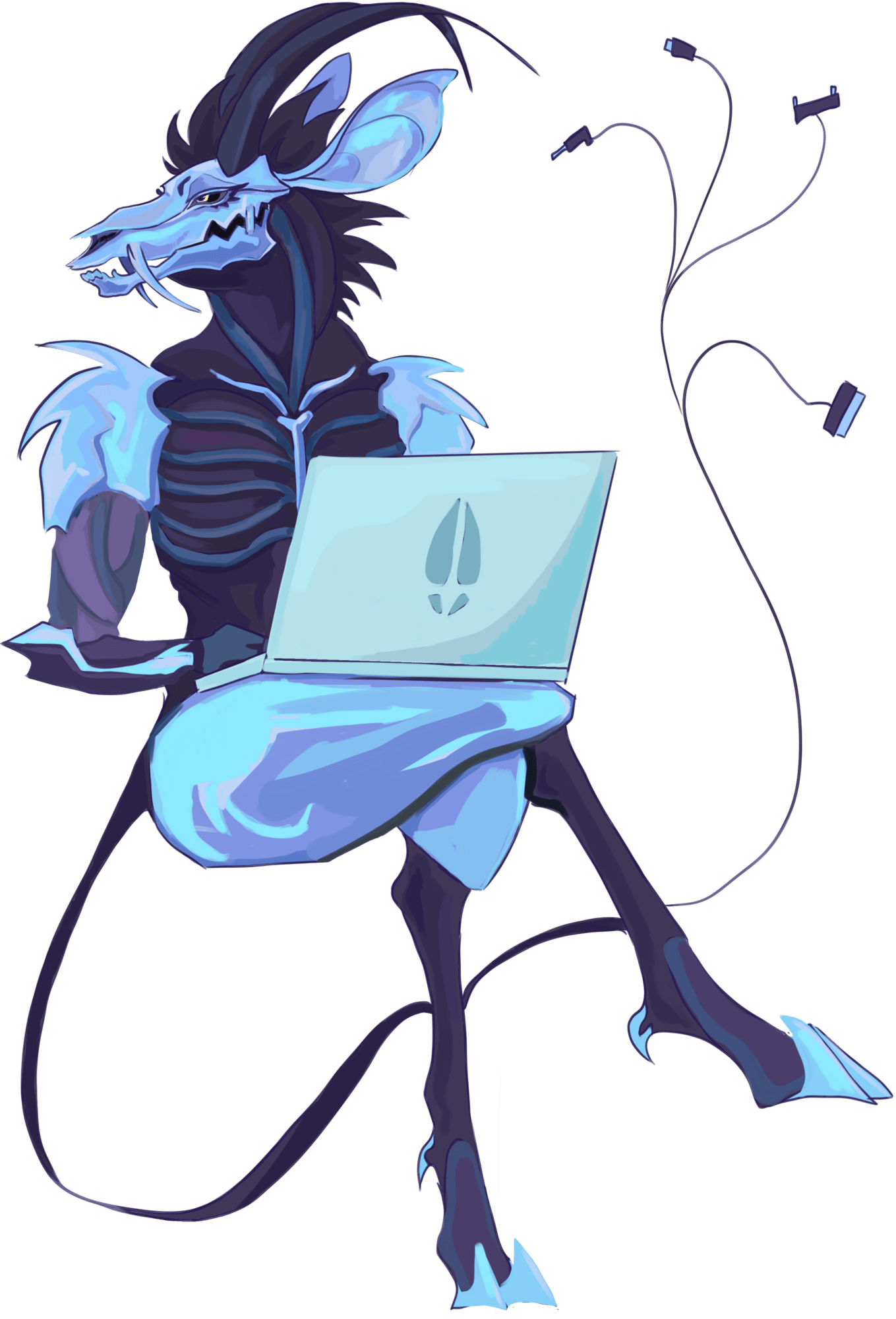 drawing of a blue cybernetic antelope with a tail made of various device chargers, they are sitting down with a computer in their lap