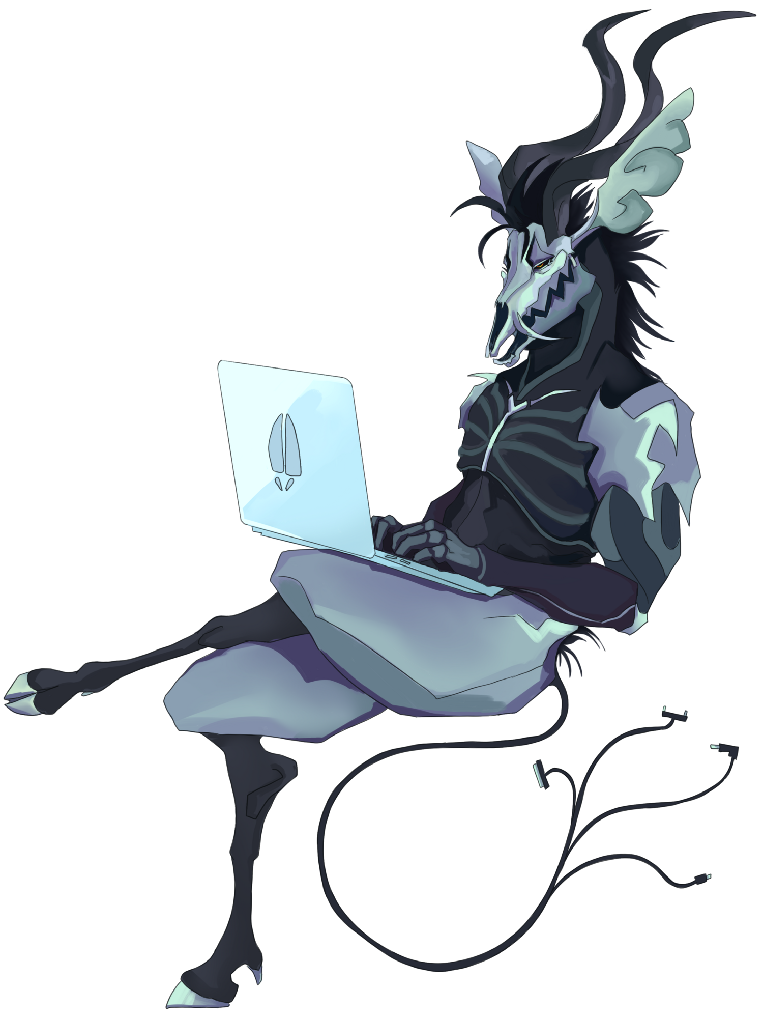 drawing of a blue cybernetic antelope with a tail made of various device chargers, they are sitting down with a computer in their lap