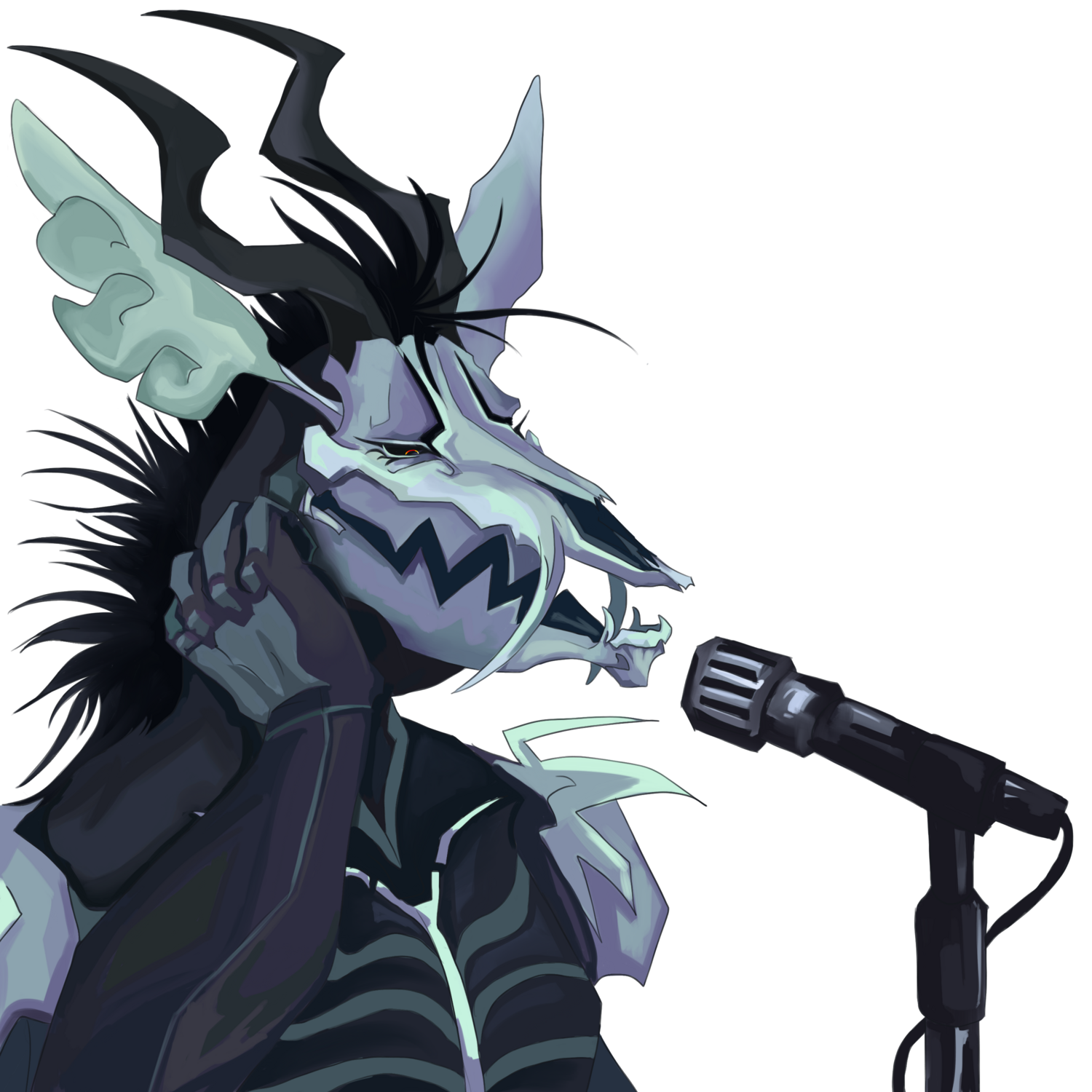 drawing of a blue cybernetic antelope speaking into a microphone