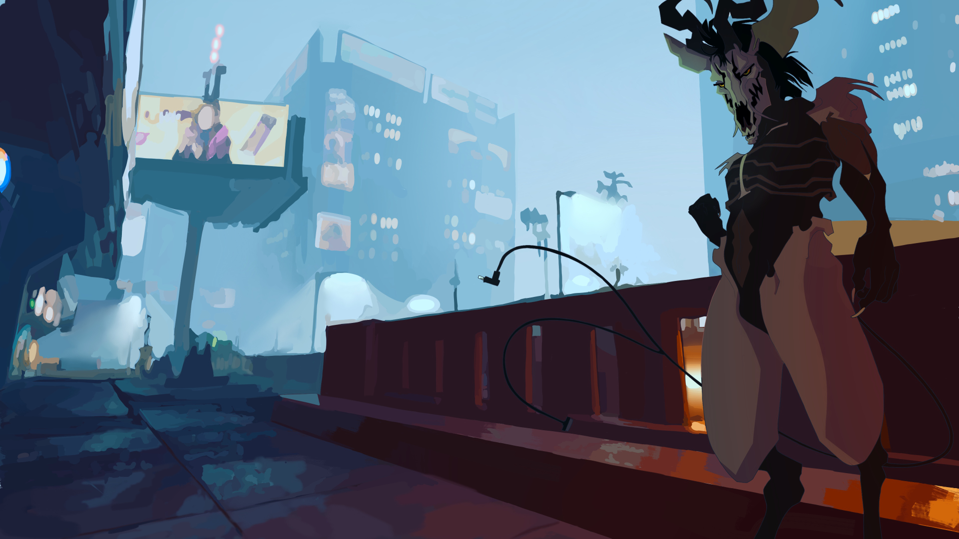 Illustration of an anthropomorphic antelope standing within a cyberpunk urban scene.