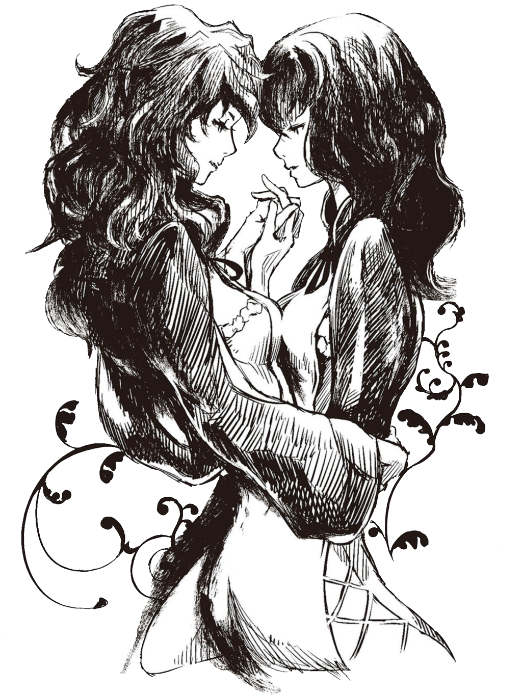 A sketch-like illustration of Devola and Popola embracing.