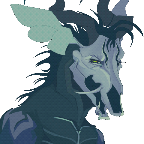 Animation of a robotic anthropomorphic antelope closing its eyes in a smile.