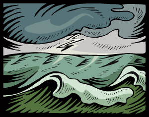 Clip art of a thunderstorm over the ocean.