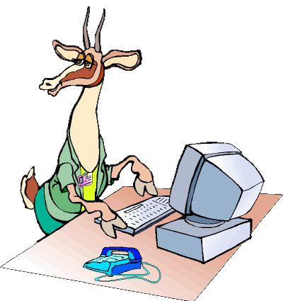 Clip art of an anthropomorphic gazelle using a computer.